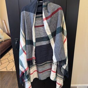 J. Crew Oversized Plaid Fringe Scarf in Navy, Green, White & Red